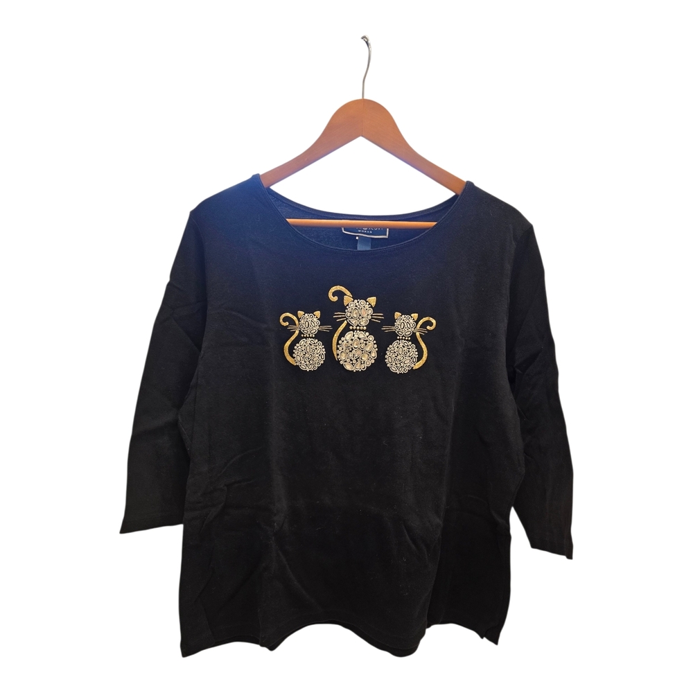 Karen Scott Black Scoop Neck Top with Gold Embellished Motifs